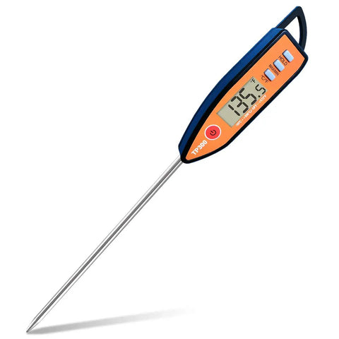 Instant Read Meat And Milk Thermometer with Probe showing temperature on clear LCD, Fahrenheit reading, stainless steel probe, orange and black design.