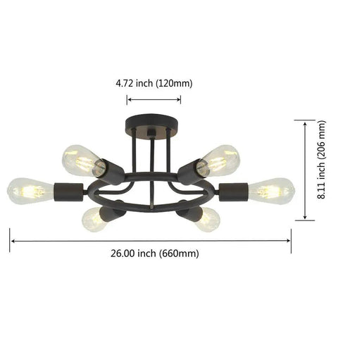 Dope Six Light Sputnik Chandelier In Black Modern Industrial Ceiling Light Fixture with dimmable Edison bulbs, dimensions shown.