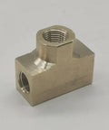 Brass hydraulic brake line tee fitting with 1/8 NPT and two 3/8-24 inverted flare ports, front view.