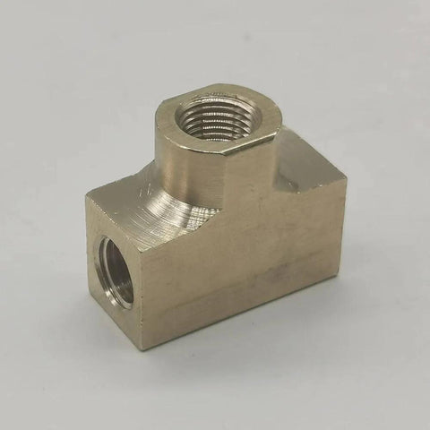 Brass hydraulic brake line tee fitting with 1/8 NPT and two 3/8-24 inverted flare ports, front view.