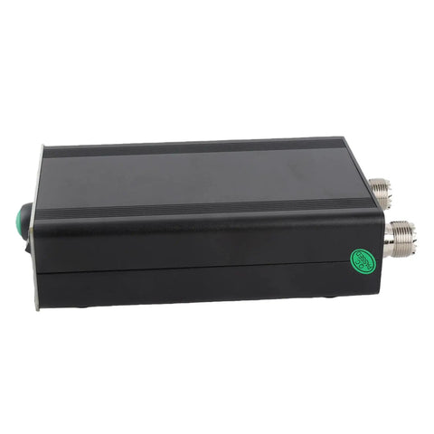 Auto Tuner For Ham Radio With 1.8 To 55 MHz Range Hands Free Auto Tuning No Wires 0.96 Inch OLED Display, side view, metal housing.