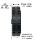 6 Inch Black Blow Molded Plastic Replacement Wheels And Axle Caps For 3 8 Inch Shafts with hub dimensions and track width displayed.