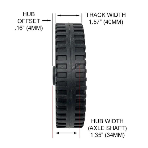 6 Inch Black Blow Molded Plastic Replacement Wheels And Axle Caps For 3 8 Inch Shafts with hub dimensions and track width displayed.