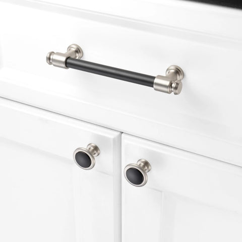 Round Cabinet Knobs 10 Pack Matte Black And Nickel, Durable Solid Metal Drawer Knobs installed on white cabinet front view