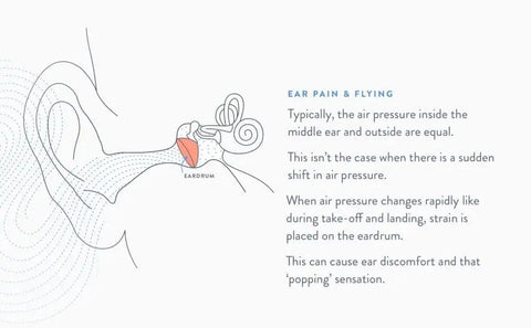 Diagram showing ear pressure changes during flight with eardrum illustration, related to Plus 3 Pairs Of Latex Free Earplugs For Flying Adult Size.