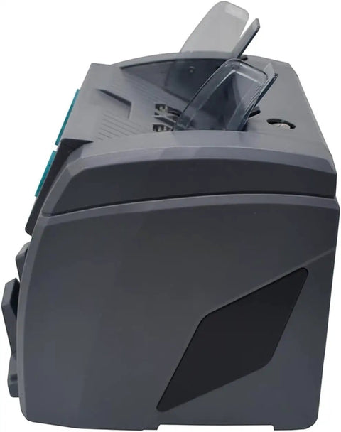Hassle Free Multi Currency Money Counter Machine With Advanced Cis Sensor Authentication Automatic Receipt Printing High Speed Bill Sorting For Retail Bosses And Daily Cash Handlers side view showcasing the sleek design and loading hopper.