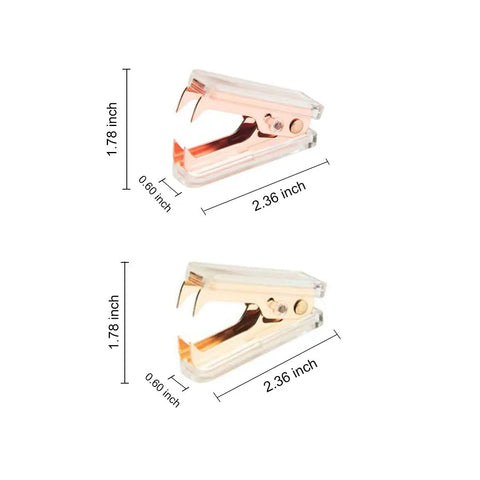 Two Pack Rose Gold and Gold Staple Remover Set, Luxe Acrylic Office Tools for Quick Paper Fixes, size dimensions shown