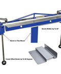 Versa Bend Sheet Metal Brake for precise bends up to 20 inches wide, handles 18 gauge steel and 20 gauge aluminum, includes half inch offset bends and 90 degree angles, DIY friendly metal fabrication and floor reinforcement.