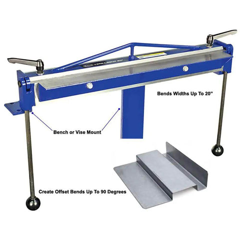 Versa Bend Sheet Metal Brake for precise bends up to 20 inches wide, handles 18 gauge steel and 20 gauge aluminum, includes half inch offset bends and 90 degree angles, DIY friendly metal fabrication and floor reinforcement.