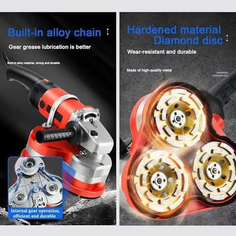 Built Tough Workhorse Three Head Concrete Grinder And Wall Sander With Six Variable Speeds Pro Grade Cement Planer For Stone And Garage Floors Smooth Polisher showing built-in alloy chain and diamond disc.