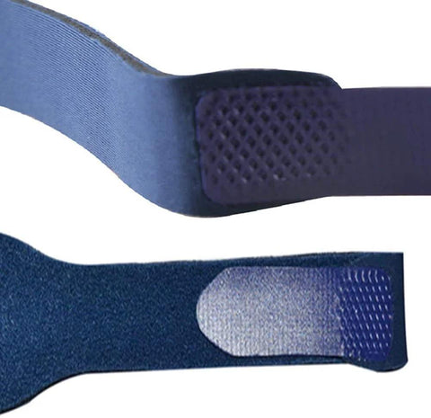 Close-up of blue CPAP headgear strap for full-face mask; Velcro patch, universal replacement part