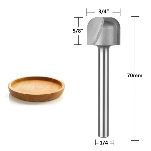 Pro Grade Bowl Tray Router Bit Quarter Inch Shank Three Quarter Cut Diameter Carbide Tip Two Flute Milling Cutter next to a wooden bowl.