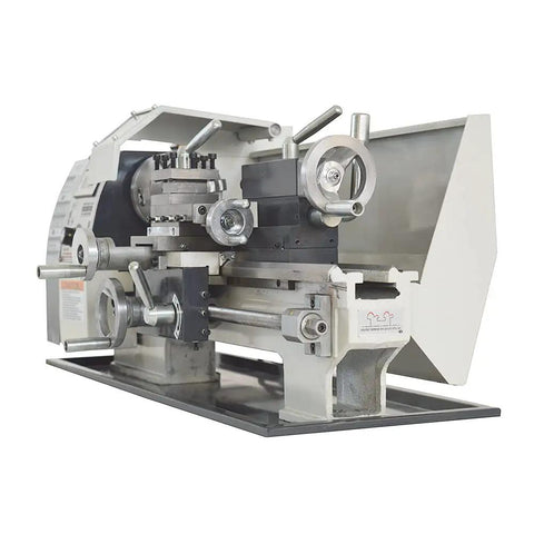 Precision Mini Metal Lathe Benchtop Machine Offers 7 Inch Swing By 12 Inch Centers For Inch Threading And Metal Turning side view with controls.