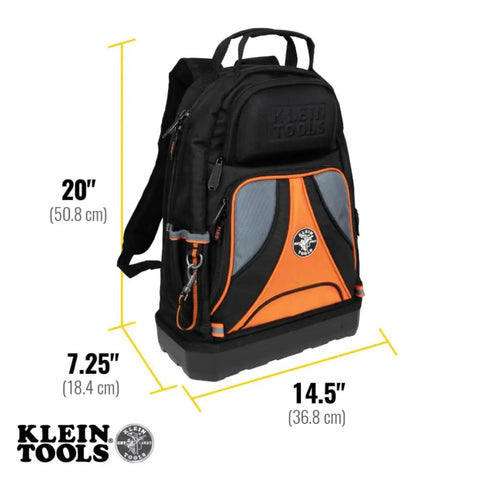Beefy Heavy Duty Tool Backpack Pro With 39 Pockets And Molded Bottom For Big Power Tool Storage, front view with dimensions