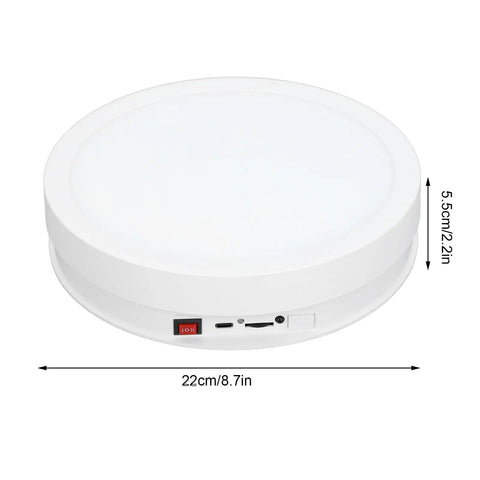 Check Out This Sick Electric Rotating Display Stand With Remote Control For Smooth 360 Degree Videos, Adjustable Speeds, USB Power, And Colorful LED Lights Perfect For Pro Product Photography Sessions. White 22cm stand with USB and power switch.