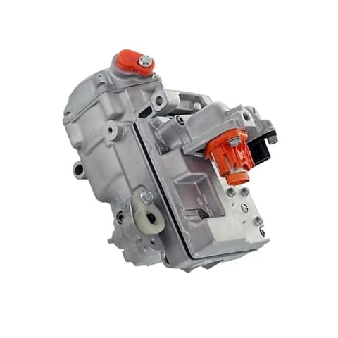 Keep Your Renault Zoe Ev Chillin With This Straight Up Premium Electric Ac Compressor, silver unit with orange connectors for cooling.