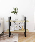 Two-Tier Book Cabinet In Sonoma Oak Finish Made From Engineered Wood with decor items in a living room setting