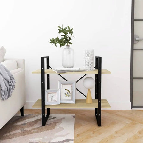 Two-Tier Book Cabinet In Sonoma Oak Finish Made From Engineered Wood with decor items in a living room setting