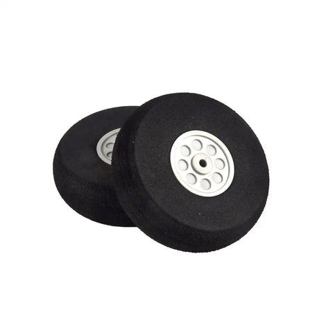 Sponge foam wheels for Carbon Fiber RC Landing Gear 300 Pound 75E, 2.36 inch wheel set, shown from a side angle.