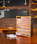 Wall Mount Cabinet Organizer With 39 Drawers And Removable Dividers, Doubles Capacity To 78 Compartments For Hardware, Craft Supplies, And Small Parts, DIY Friendly, Black And Orange Plastic Garage Storage System, 15 By 6.3 By 18.6 Inches