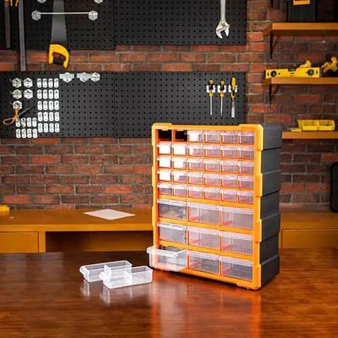 Wall Mount Cabinet Organizer With 39 Drawers And Removable Dividers, Doubles Capacity To 78 Compartments For Hardware, Craft Supplies, And Small Parts, DIY Friendly, Black And Orange Plastic Garage Storage System, 15 By 6.3 By 18.6 Inches