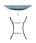 Assembly view of Handpainted Mosaic Flower Fusion Glass Pedestal Bird Bath For Outdoor Patio Garden Backyard Deck Decor, 21 Inch Height In Blue And Purple, Multi Functional Waterer Or Bird Feeder With Foldable Stand