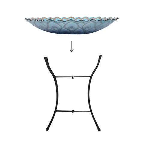 Assembly view of Handpainted Mosaic Flower Fusion Glass Pedestal Bird Bath For Outdoor Patio Garden Backyard Deck Decor, 21 Inch Height In Blue And Purple, Multi Functional Waterer Or Bird Feeder With Foldable Stand