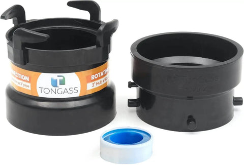 Combo Pack RV Sewer Hose Fittings And Adapters To PVC with rotating 3in hub pipe adapter, bayonet hooks, and thread seal tape