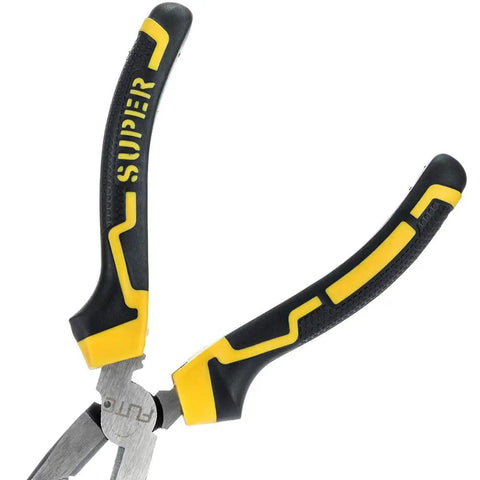 8 Inch Needle Nose Pliers With Side Cutter For Electronics And Jewelry Making, Pro Grade Chrome Vanadium Steel, Rust Resistant Coating, Non Slip Rubber Handles, Precision Tapered Nose For Wire Bending And Small Component Work, close-up view of yellow and black handles