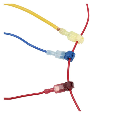 Hot 300 PCS Insulated T-Taps Quick Splice Wire Connectors For 22 To 10 AWG Cables And Super Durable Spade Terminals Kit You Gonna Love, insulated wire taps on red, blue, and yellow cables