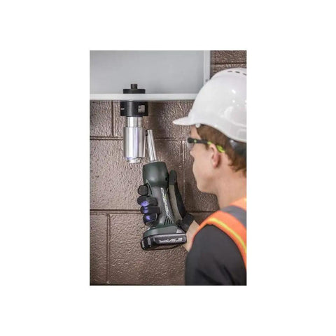 Workhorse Conduit Knockout Punch Set With Rotating Head And Auto Stop in use for conduit box installation by an electrician