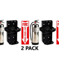 Two Pack 2.5 Gallon Water Fire Extinguishers For Class A Combustibles With Wall Mount Brackets And Warning Signs, stainless steel tank and wall mounts shown.
