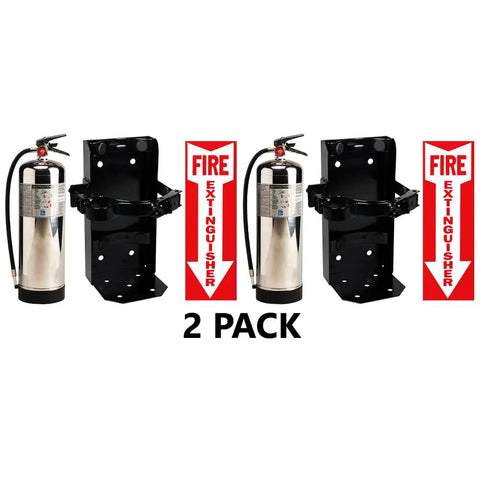 Two Pack 2.5 Gallon Water Fire Extinguishers For Class A Combustibles With Wall Mount Brackets And Warning Signs, stainless steel tank and wall mounts shown.