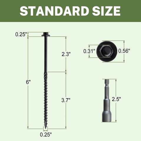Built Tough Structural Wood Lag Screws 6 Inch, 60 Count shown with dimensions and hex head design, black.