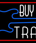 Guitar LED Neon Sign With Dimmer 13 Inch Tall By 24 Inch Wide Black Square Cut Acrylic Backing Dope Indoor Light For Studio Club Home Decor Event Workshop Storefront showing "Buy Sell Trade"