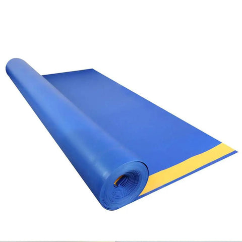 Tough As Nails Crosslinked Foam Underlayment For Laminate And Hardwood Floors With Attached Vapor Barrier and Whisper Quiet Noise Reduction 4X25 Roll visible in blue. Rolled up 4x25 size.