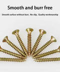 M4 Flat Head Wood Screws Set 340 Pcs Philips Drive countersunk self tapping screws with yellow zinc plated finish spread out in a fan shape