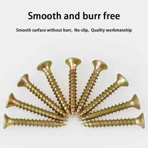 M4 Flat Head Wood Screws Set 340 Pcs Philips Drive countersunk self tapping screws with yellow zinc plated finish spread out in a fan shape