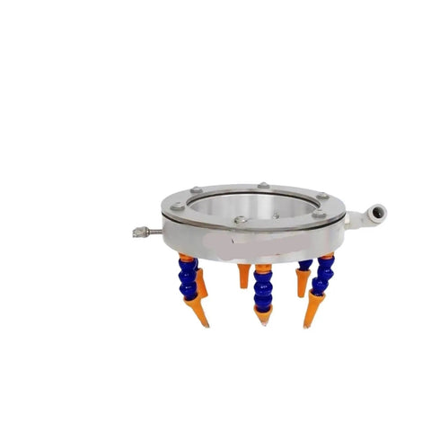 Shop Built Spindle Cooling Ring For Stone Engraving Rigs With 360 Degree High Pressure Water Spray Nozzle Universal Cnc Tool Cooler For Metal Fabbing Jobs 150Mm Bore, featuring blue and orange hoses.