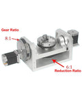 Built Tough CNC 4Th Axis Stepper Motor Featuring 5Th Axis Rotary Chuck And 100X125Mm T Slot Positioning Table With 8 To 1 Gear Reduction For Super Smooth Milling Runs with visible gear ratios and stepper motor.