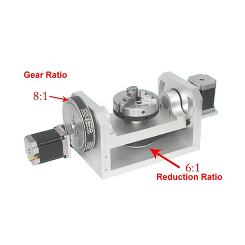 Built Tough CNC 4Th Axis Stepper Motor Featuring 5Th Axis Rotary Chuck And 100X125Mm T Slot Positioning Table With 8 To 1 Gear Reduction For Super Smooth Milling Runs with visible gear ratios and stepper motor.