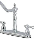 Heavy Duty Brass Kitchen Faucet With Sprayer, 8 Inch Center Mount, polished chrome, washerless cartridge, classic Tudor style