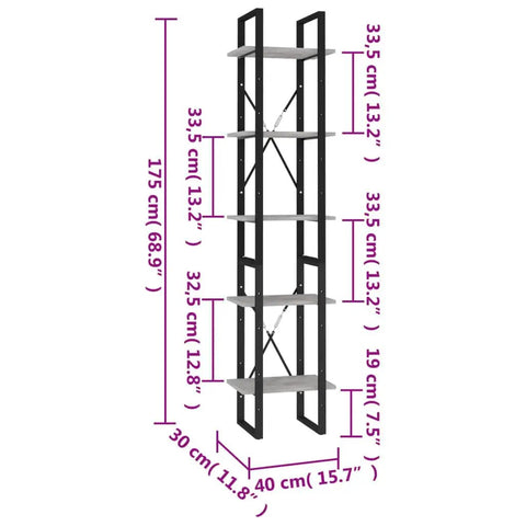 Concrete Grey 5-Tier Industrial Book Cabinet with Metal Frame and Engineered Wood Shelves Dimensions