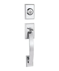 Tavaris Exterior Handleset Trim With SMT Keyed Entry, Single Cylinder Lock, LIP 26 Satin Polished Finish, front view