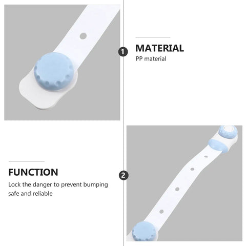 Close-up of Three Pack White Refrigerator and Cabinet Lock Straps with blue button showing PP material and locking mechanism
