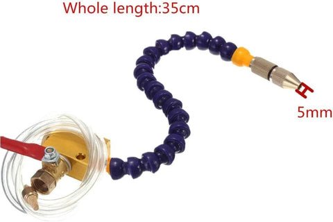 Mist coolant lubrication system for CNC machines with blue flexible gooseneck spray tube and brass fittings
