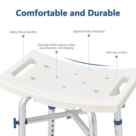 Close-up of Shower Chair With Back Support, 500Lb Heavy Duty Silver Aluminum Bath Seat, showing seat design features.