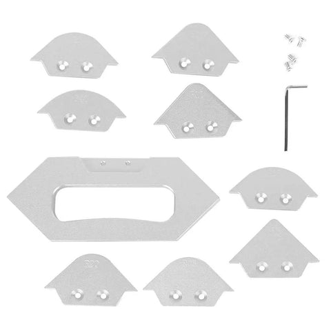 Solid Core Router Templates Kit For Woodworking Dead Simple Corner Radius Jig And Letter Trim Guide Top Tier Chamfer Profile Template Set components including aluminum radius guides and screws.