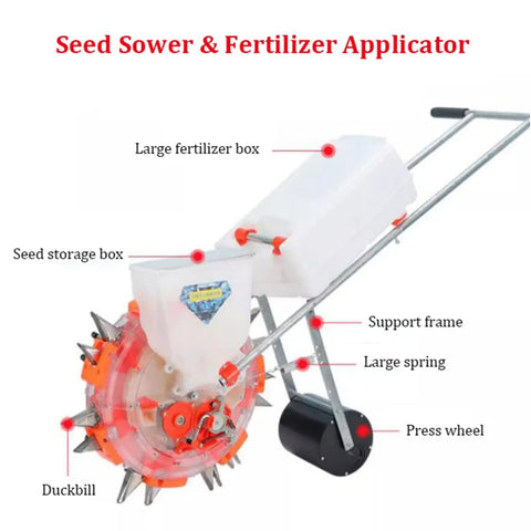 Heavy Duty Metal Precision Garden Seeder with iron mouth duckbill design, double mouth fertilizer applicator, six seeding ports