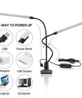 Dual Head UV Light With USB Power, 395nm To 405nm Dimmable Black Light Lamp, clip-on design with power options displayed